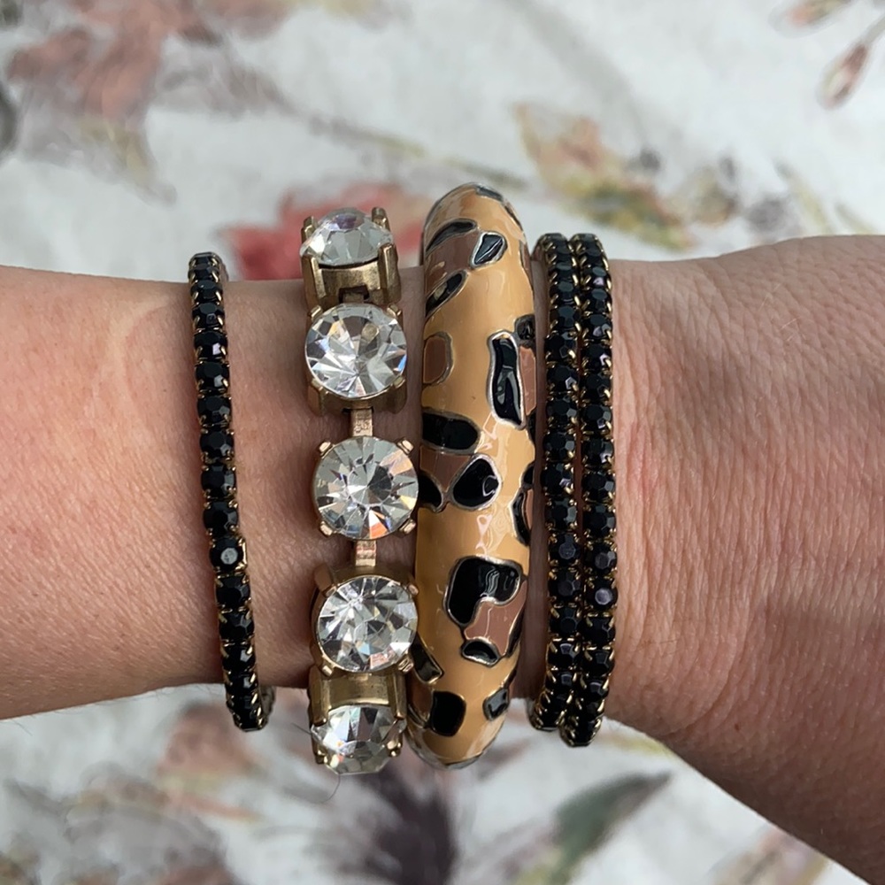 4 separate bracelets, all from Express, leopard bangle, rhinestones